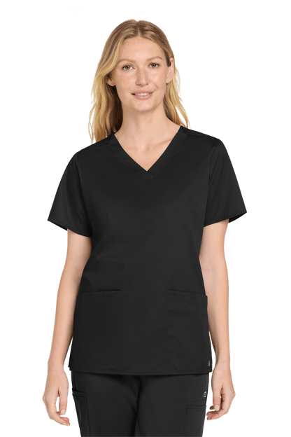 Wink women's black Flex V-neck scrub top with printed design, front view showcasing medical workwear for women.