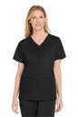 Wink women's black Flex V-neck scrub top with printed design, front view showcasing medical workwear for women.