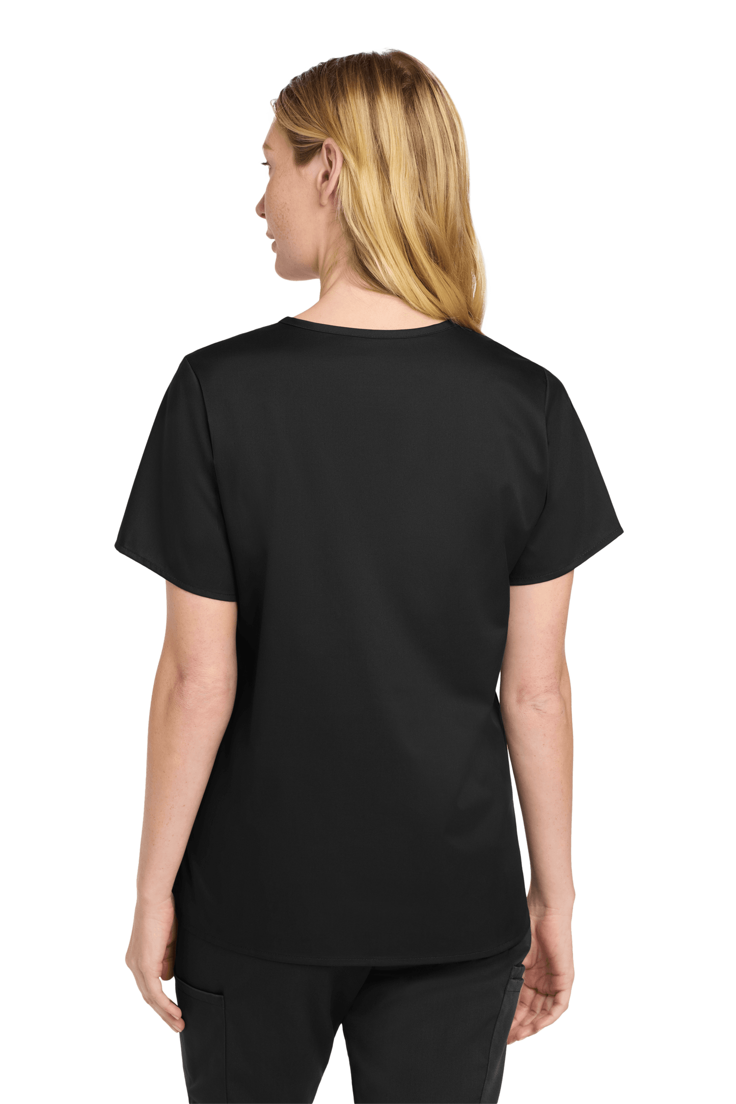 Women’s Wink medical scrub top with a flexible V-neck and printed design, shown from the back in black medical workwear.