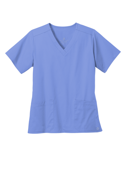 Light blue women's Wink medical scrubs with a Flex V-neck and printed design, suitable for healthcare professionals.