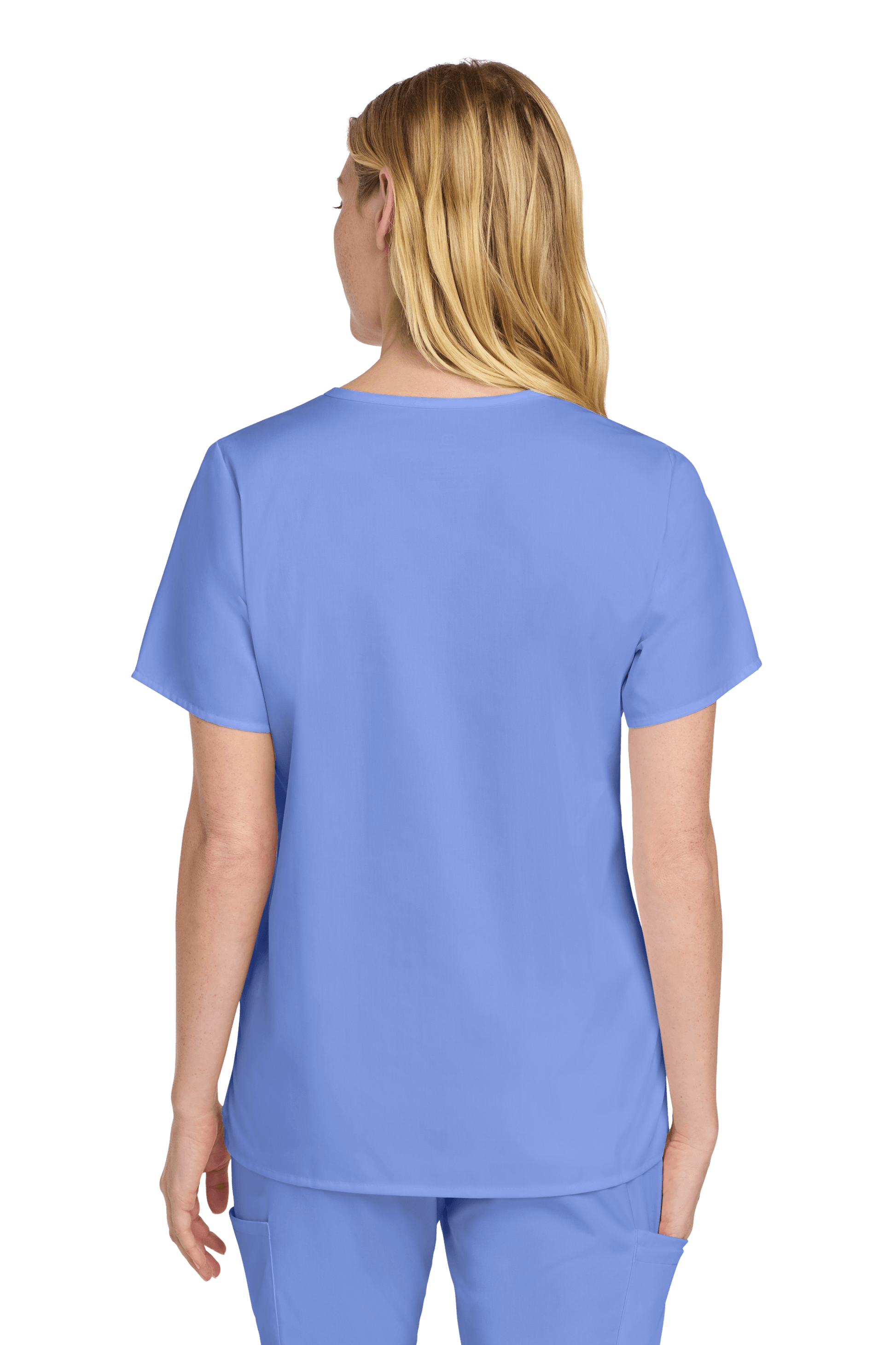 Light blue women's medical scrub top by Wink with a V-neck and printed design, shown from the back.