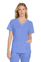 Light blue women's medical scrub top by Wink with a V-neck and print design, featuring flexible, comfortable workwear for healthcare professionals.