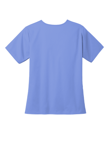 Light blue women's Flex V-Neck scrub top by Wink, featuring a printed design, used for medical workwear and professional healthcare settings.