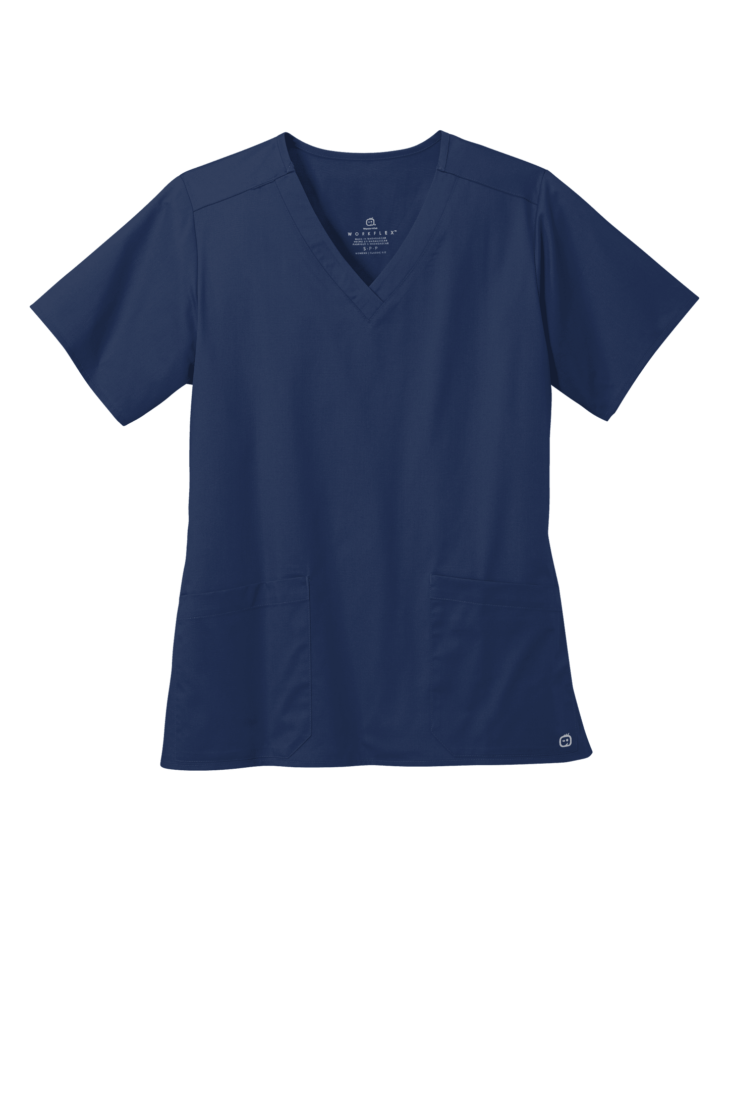 Navy blue women's medical workwear flex V-neck scrub top with printed design, from Wink, suitable for healthcare professionals.