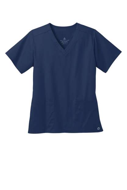 Navy blue women's medical workwear flex V-neck scrub top with printed design, from Wink, suitable for healthcare professionals.
