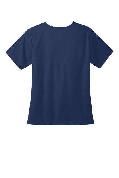 Navy blue women's medical scrub top by Wink with V-neck and printed design, showcasing the comfortable workwear fit.