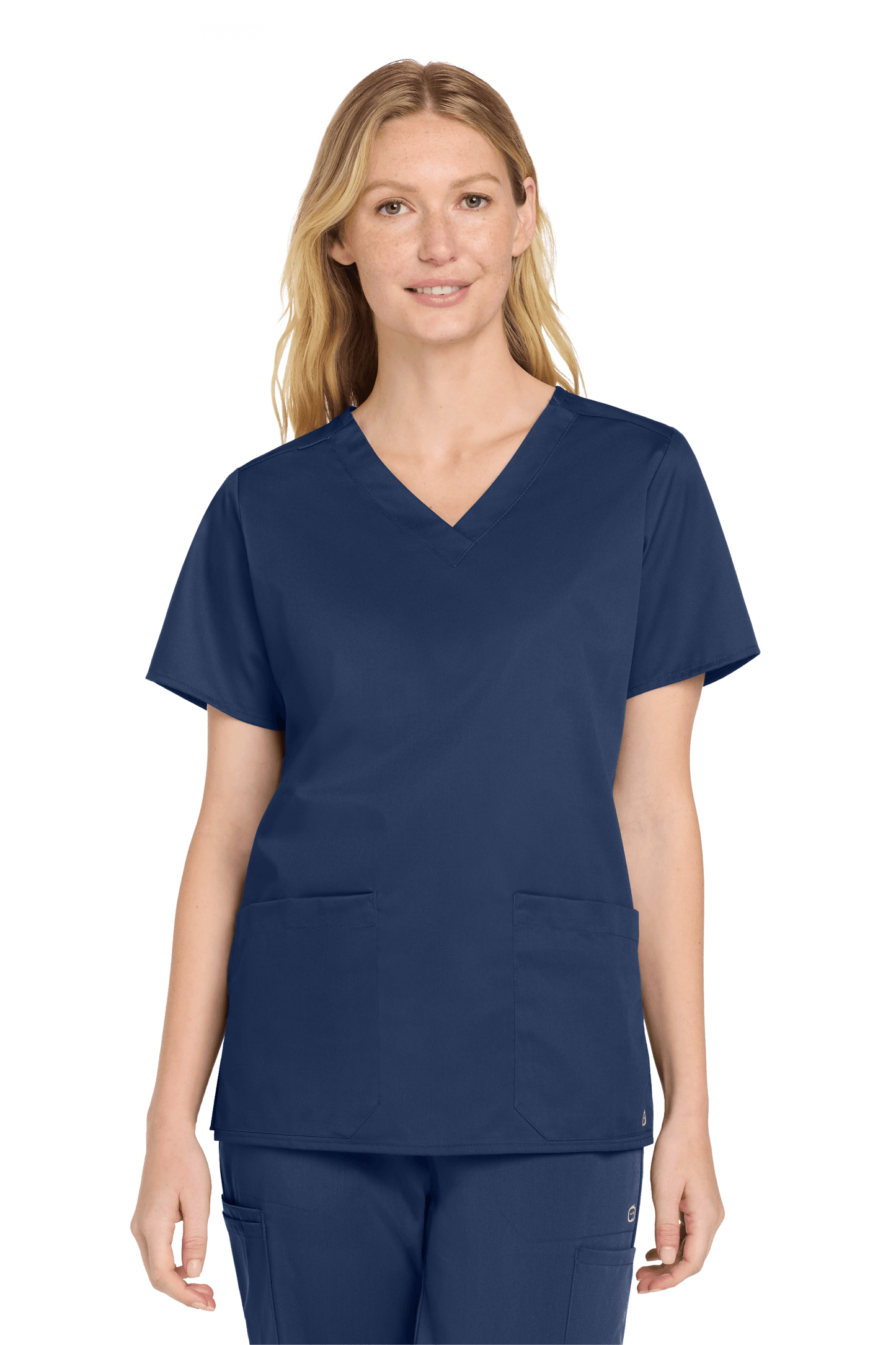 Navy blue women's medical scrub top with a V-neck and print design, from Wink's medical workwear collection.