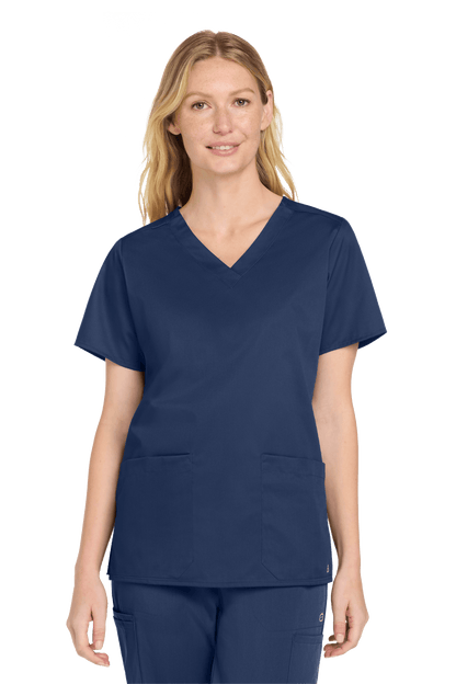 Navy blue women's medical scrub top with a V-neck and print design, from Wink's medical workwear collection.