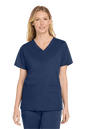 Navy blue women's medical scrub top with a V-neck and print design, from Wink's medical workwear collection.