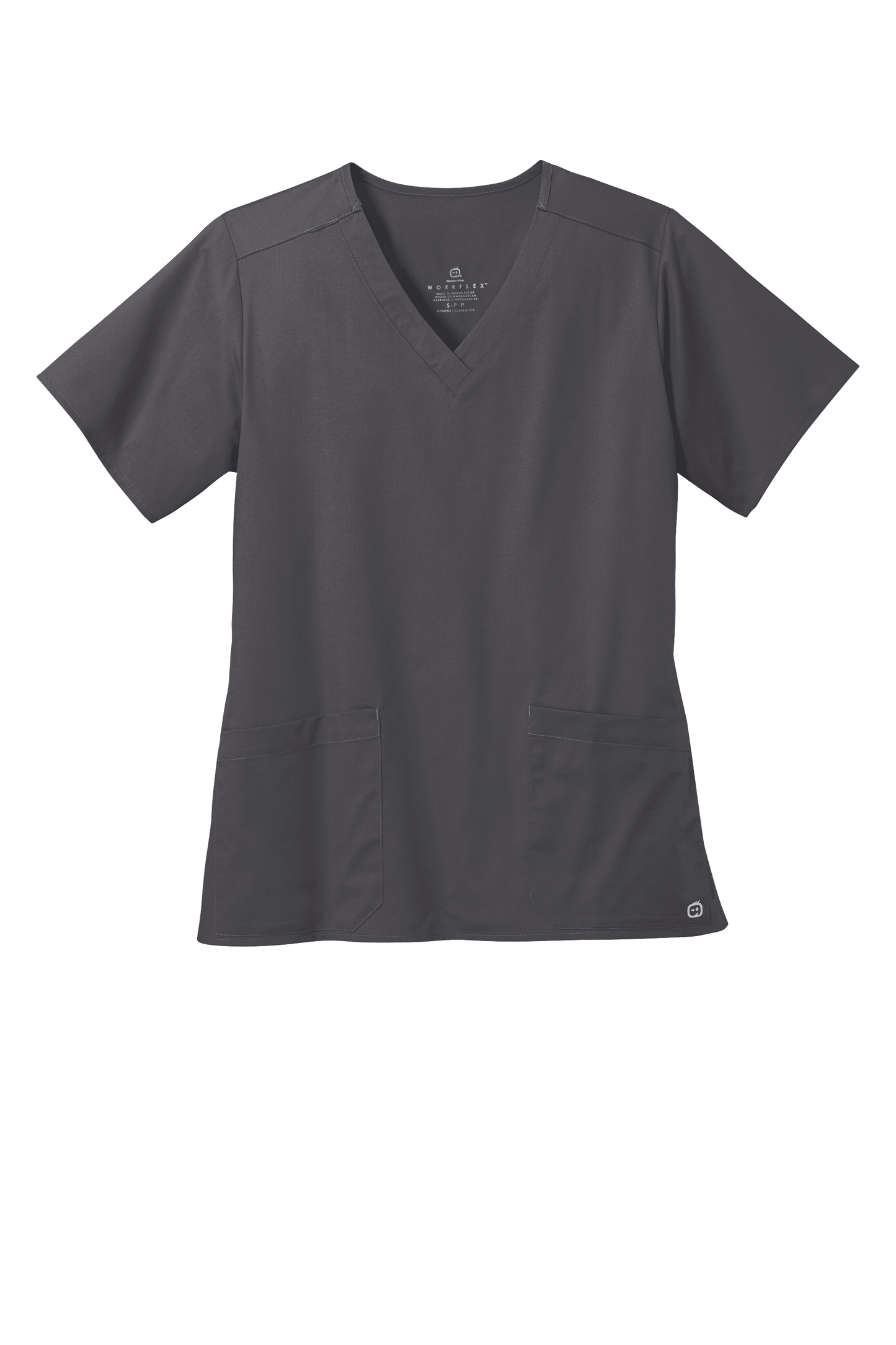 Wink women's medical scrub top in pewter grey with a flexible V-neck and printed design, ideal for healthcare professionals.
