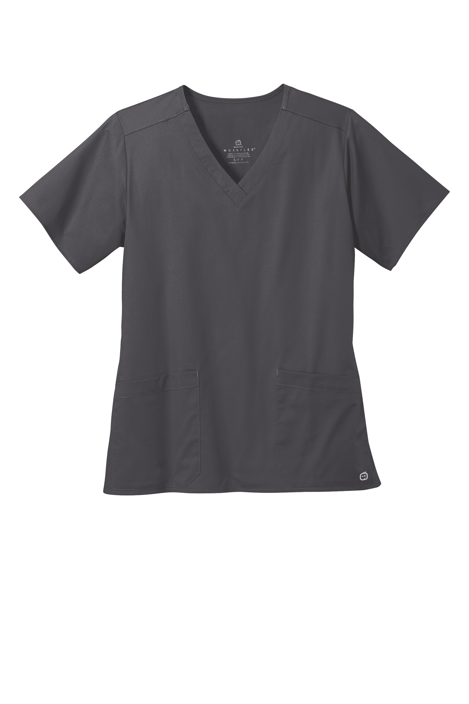 Wink women's medical scrub top in pewter grey with a flexible V-neck and printed design, ideal for healthcare professionals.