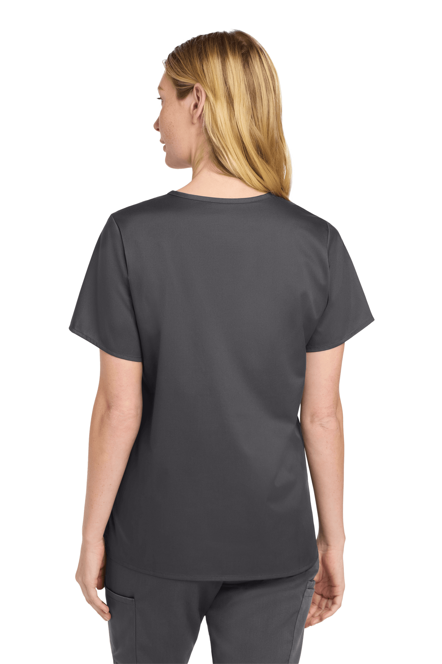 Women’s Wink medical scrub top in Pewter Grey with V-neck and print design, shown from the back.