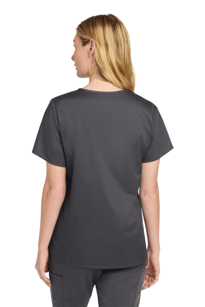 Women’s Wink medical scrub top in Pewter Grey with V-neck and print design, shown from the back.