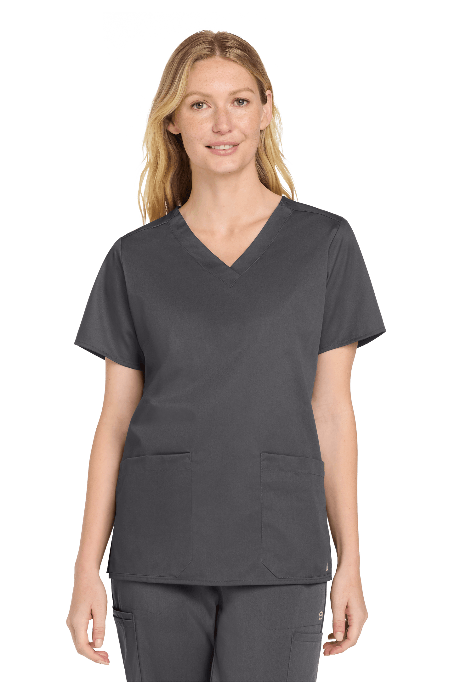 Wink women's medical scrub top with flexible V-neck and printed design, shown in pewter gray front view.
