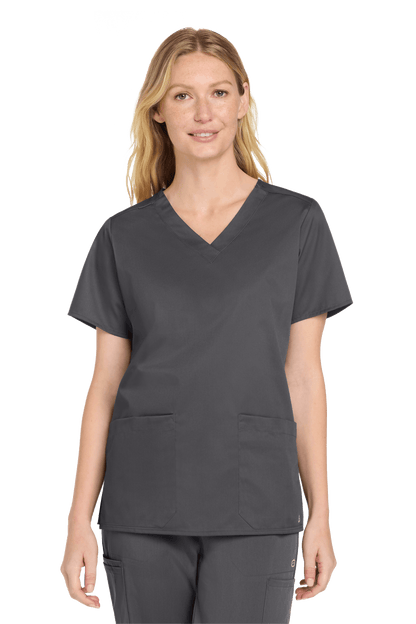 Wink women's medical scrub top with flexible V-neck and printed design, shown in pewter gray front view.