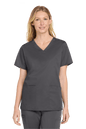 Wink women's medical scrub top with flexible V-neck and printed design, shown in pewter gray front view.