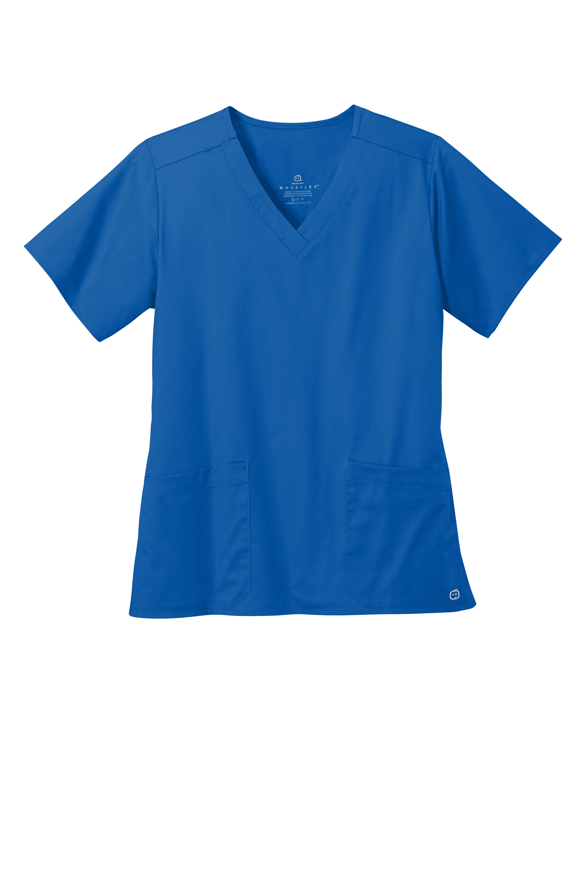 Women’s Royal Blue Flex V-Neck Scrub Top by Wink, featuring a printed design, suitable for medical workwear.