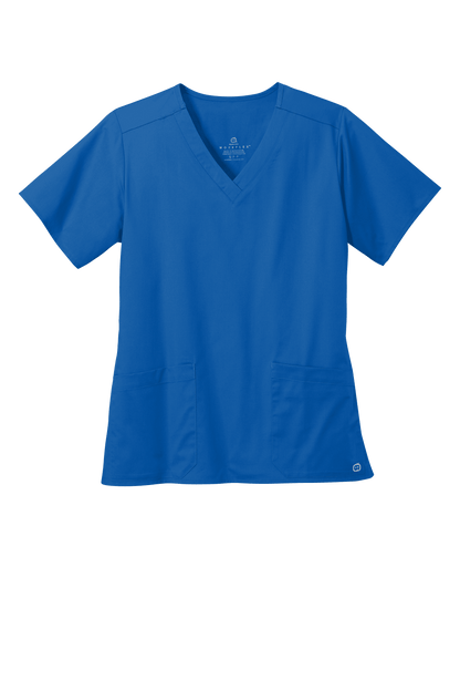 Women’s Royal Blue Flex V-Neck Scrub Top by Wink, featuring a printed design, suitable for medical workwear.