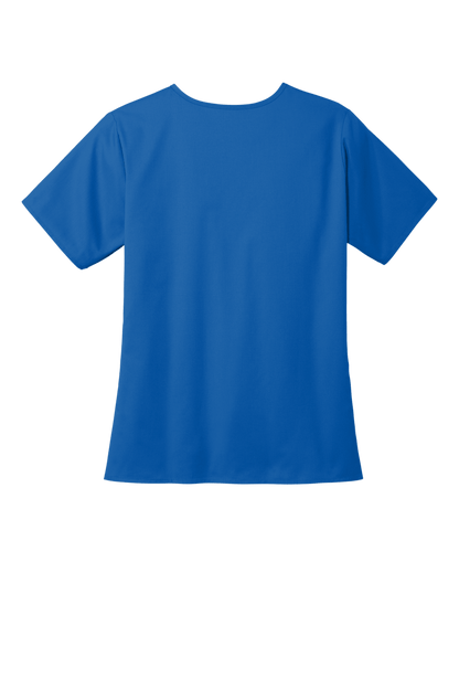 Women’s Wink Medical Scrubs top with a V-neck and printed royal blue design, featuring comfortable stretch fabric for healthcare professionals.