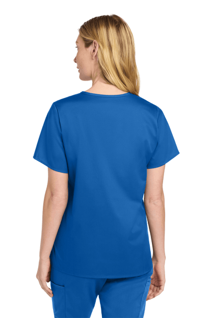 Wink women's medical scrub top with a navy blue print, V-neck style, made for comfortable healthcare workwear.
