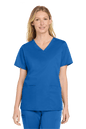 Wink women's medical workwear flex V-neck scrub top with a blue print, front view showing comfortable fit and stylish design.