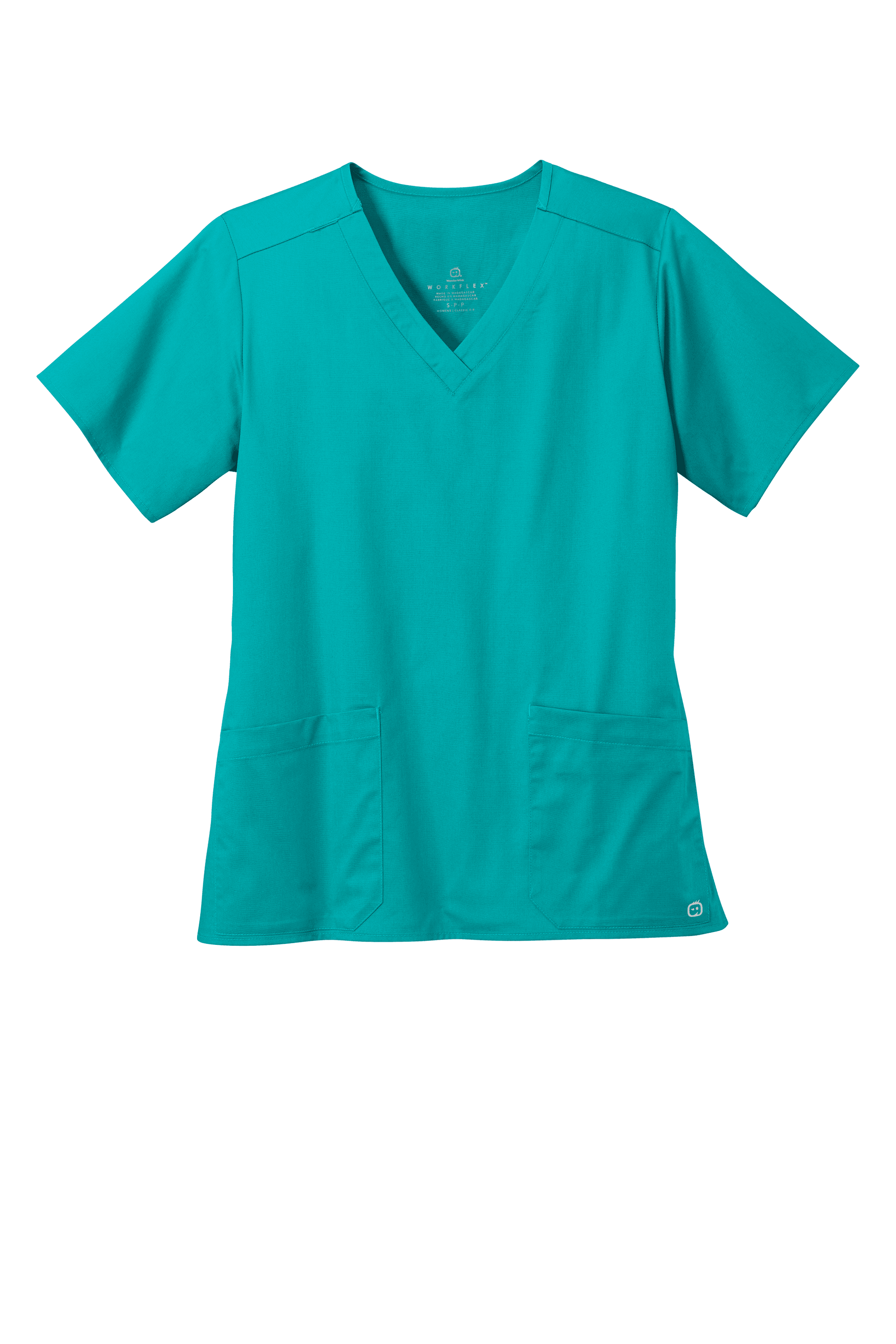 Women’s teal Flex V-neck scrub top by Wink, featuring a printed design, designed for medical workwear comfort and style.