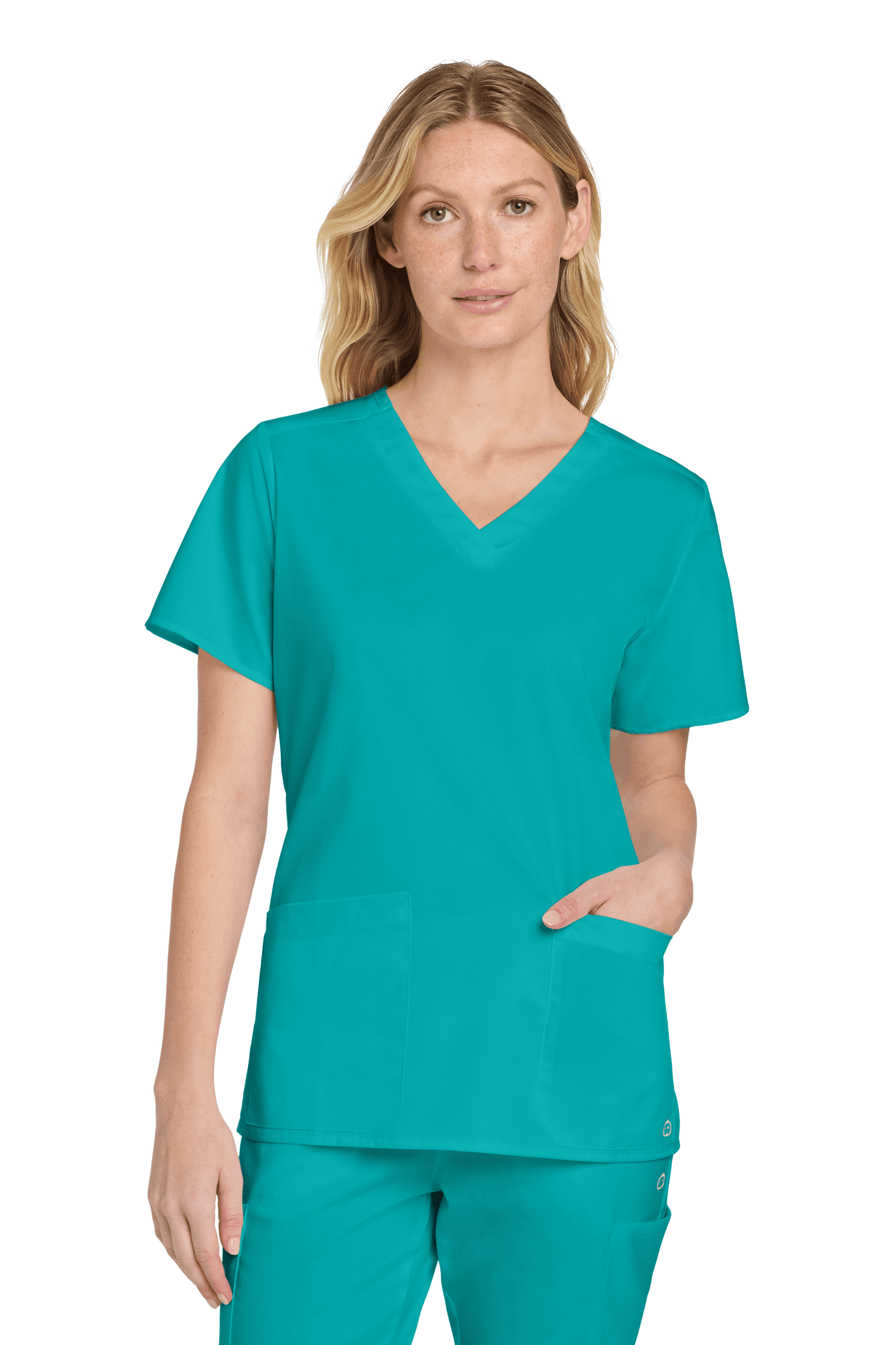 Women’s teal Flex V-neck scrub top by Wink, featuring a stylish print, shown from the front. Ideal medical workwear for women.