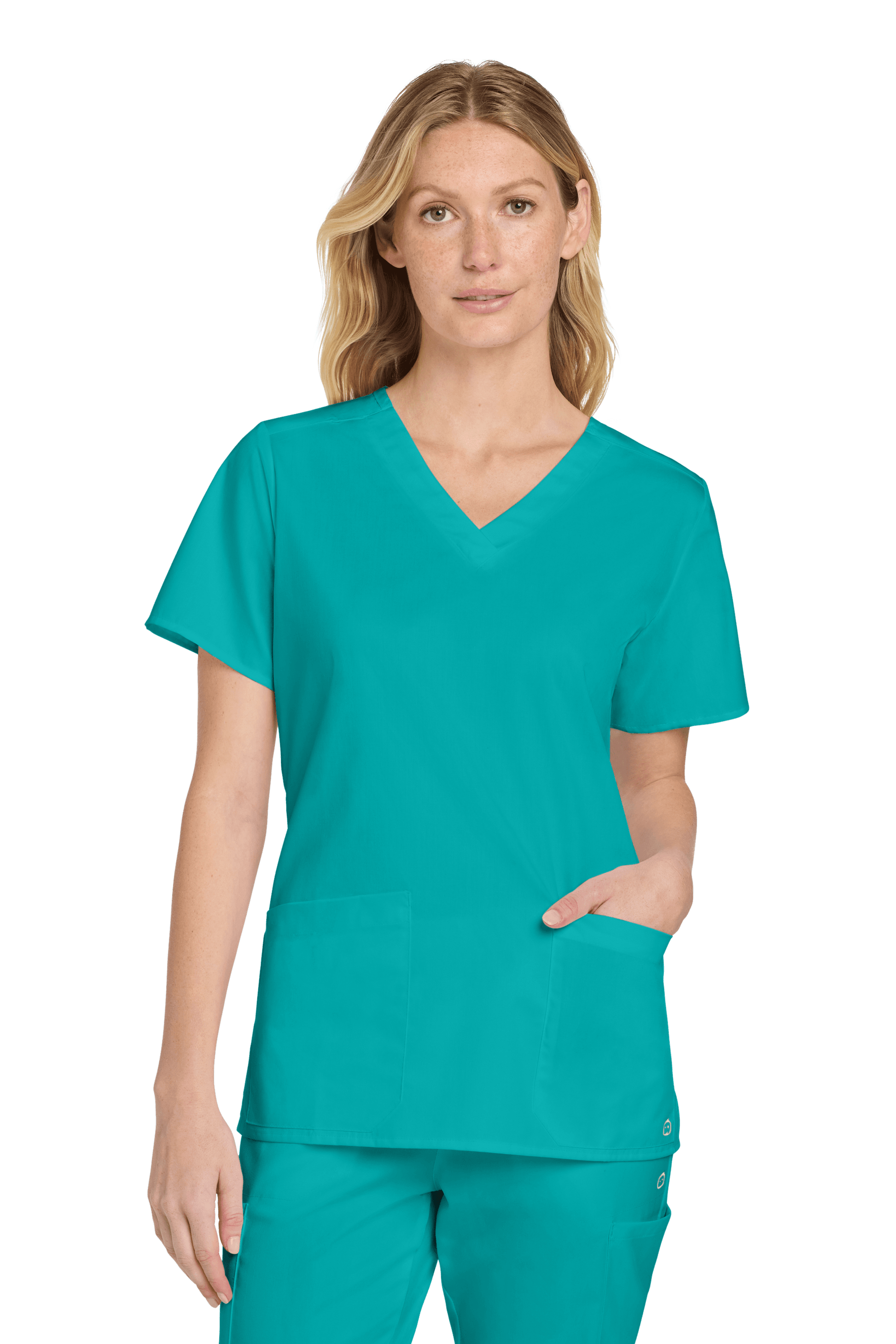 Women’s teal Flex V-neck scrub top by Wink, featuring a stylish print, shown from the front. Ideal medical workwear for women.