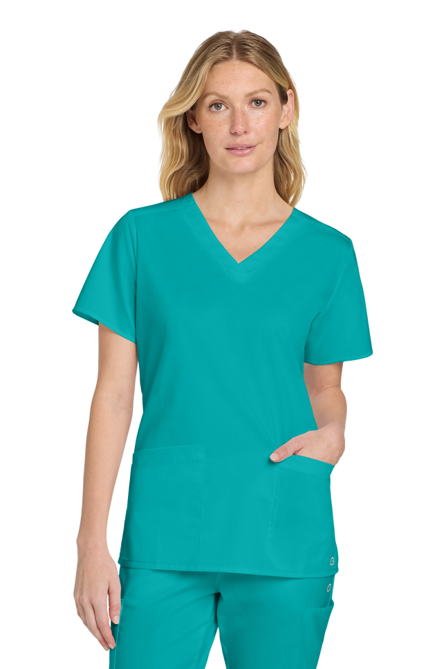 Women’s Medical Workwear Flex V-Neck Scrub Teal Model Front
