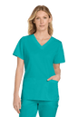 Women’s teal Flex V-neck scrub top by Wink, featuring a stylish print, shown from the front. Ideal medical workwear for women.