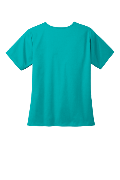 Women’s teal V-neck scrub top by Wink with printed medical workwear design, designed for comfort and professional style.