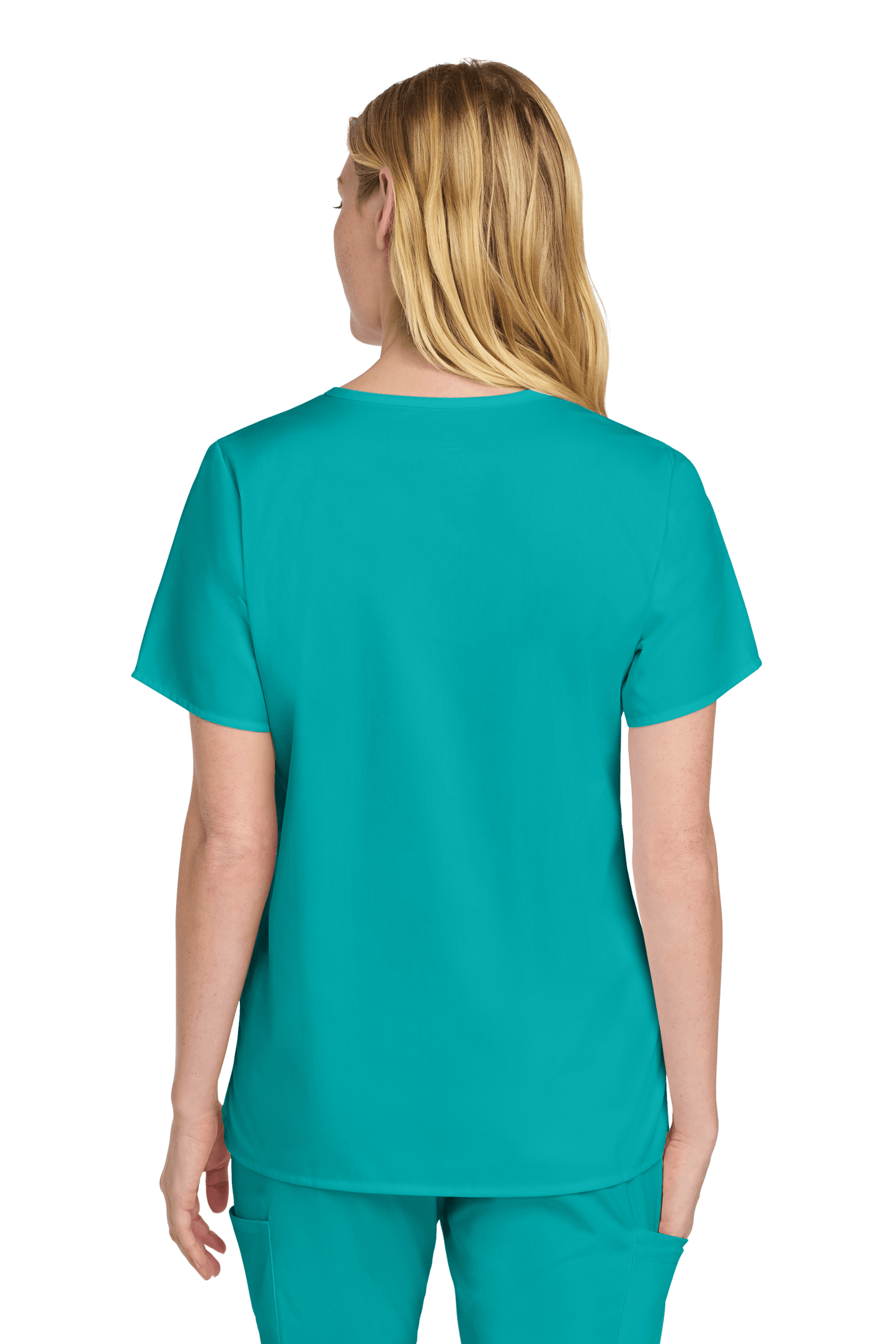 Women’s Wink medical scrub top with a teal print, V-neck design, and comfortable fit, shown from the back view.