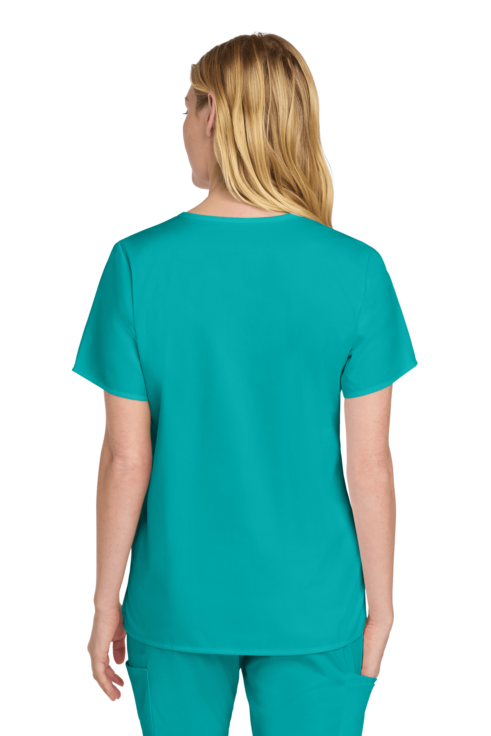 Women’s Wink medical scrub top with a teal print, V-neck design, and comfortable fit, shown from the back view.