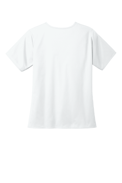 Wink women's medical workwear Flex V-neck scrub top with a print design, shown from the back view in white fabric.