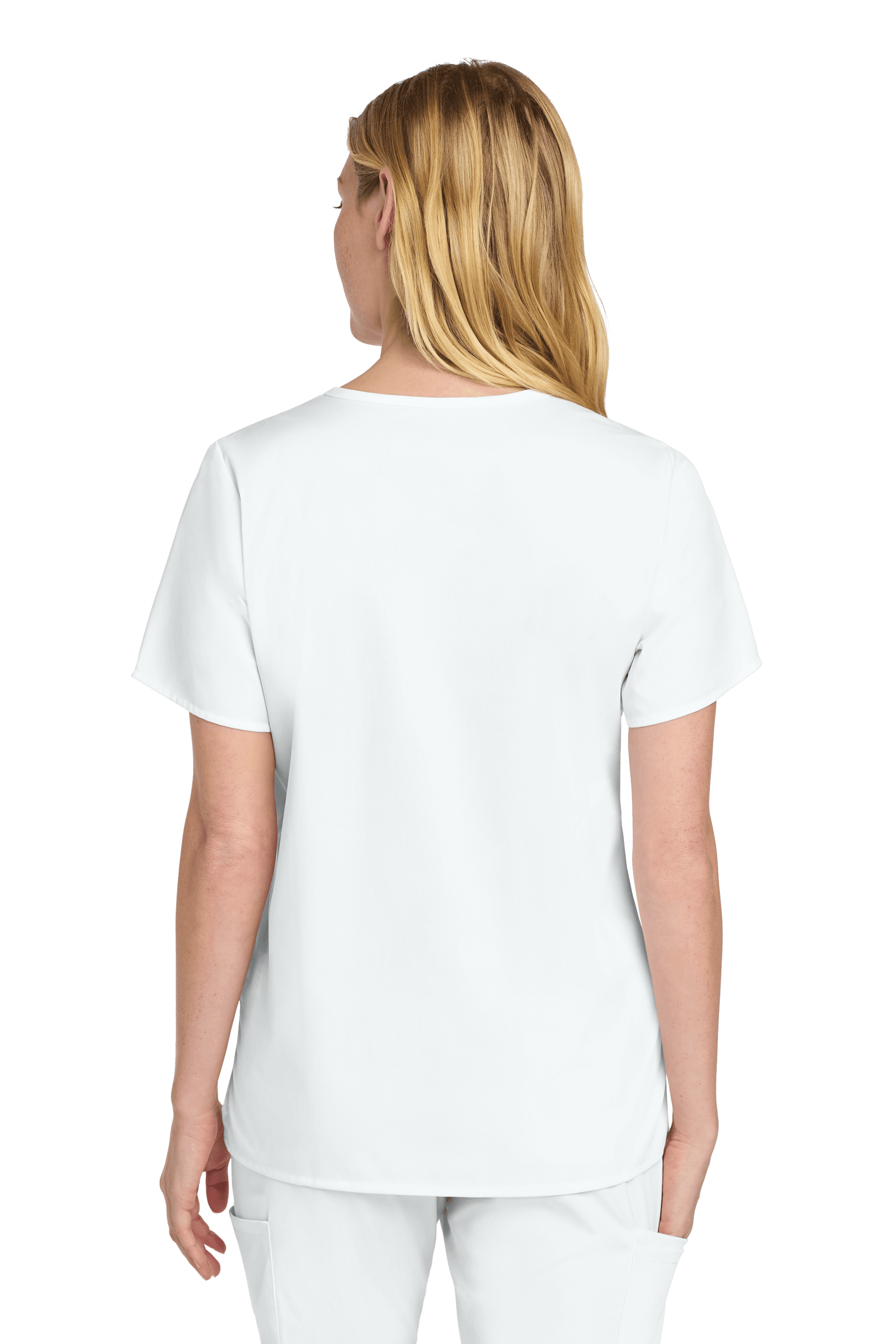Women’s Wink medical scrub top with V-neck design and printed pattern, shown from the back in white fabric.