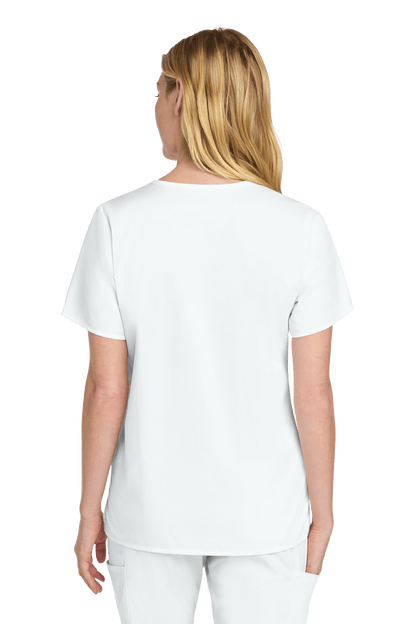 Women’s Wink medical scrub top with V-neck design and printed pattern, shown from the back in white fabric.