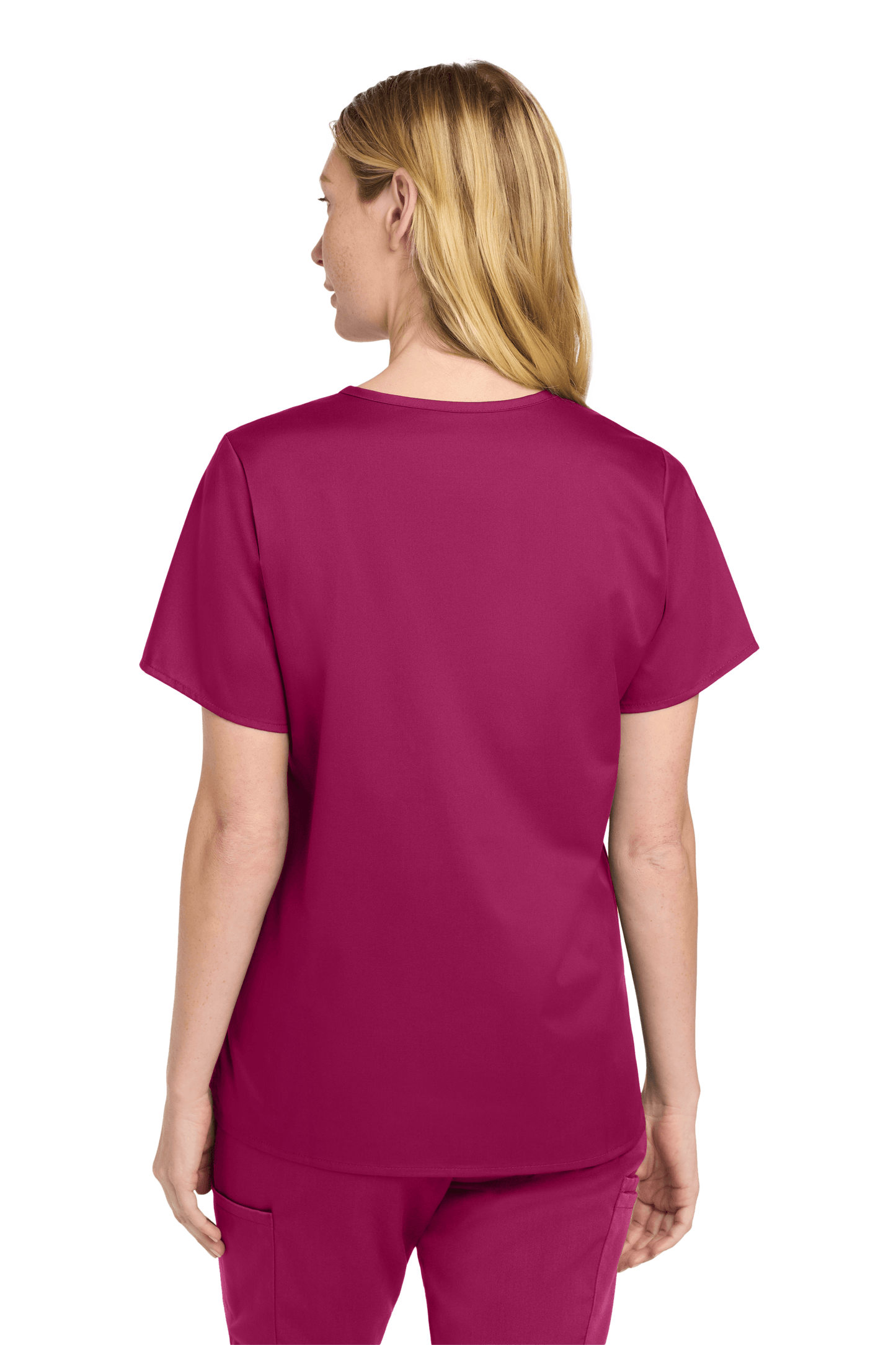 Wink women's medical scrub top with a V-neck and printed design, shown from the back view, made for comfortable medical workwear.