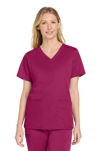 Wink women's medical scrub top with a flexible V-neck and printed design, shown from the front view.