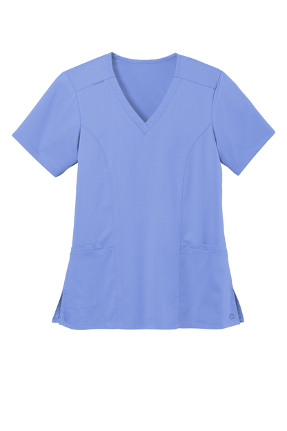 Light blue women's Premiere Flex V-neck scrub top by Wink, featuring a comfortable fit and soft fabric, perfect for healthcare professionals.