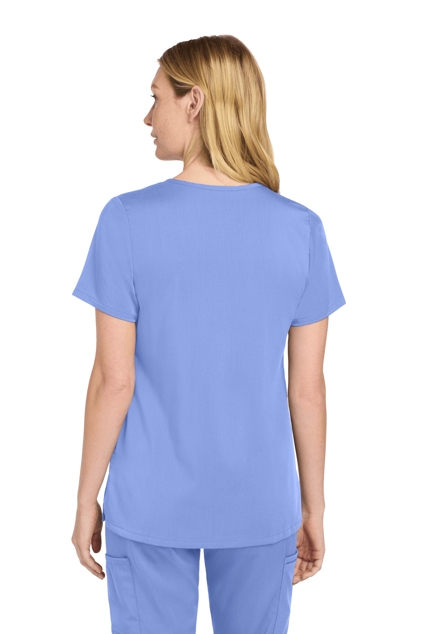 Light blue women's Premiere Flex V-neck scrub top by Wink, showing the back view with a comfortable fit and subtle print design.