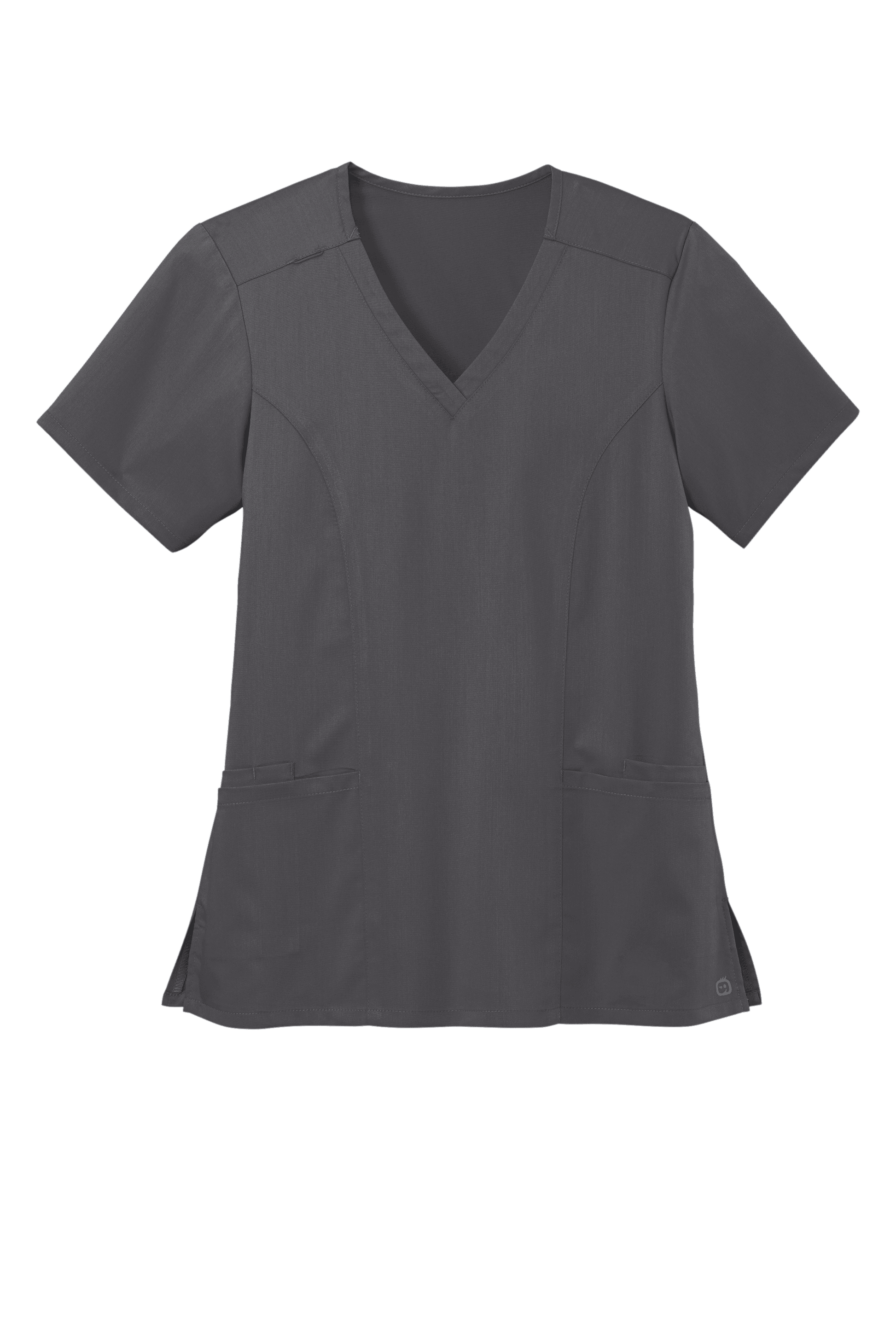 Women’s Wink Premiere Flex V-Neck Scrubs in Pewter Grey with printed design, featuring a comfortable fit and stylish V-neck style.