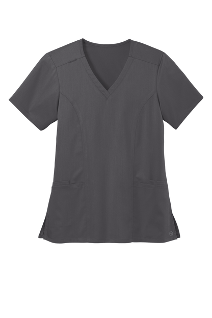 Women’s Wink Premiere Flex V-Neck Scrubs in Pewter Grey with printed design, featuring a comfortable fit and stylish V-neck style.