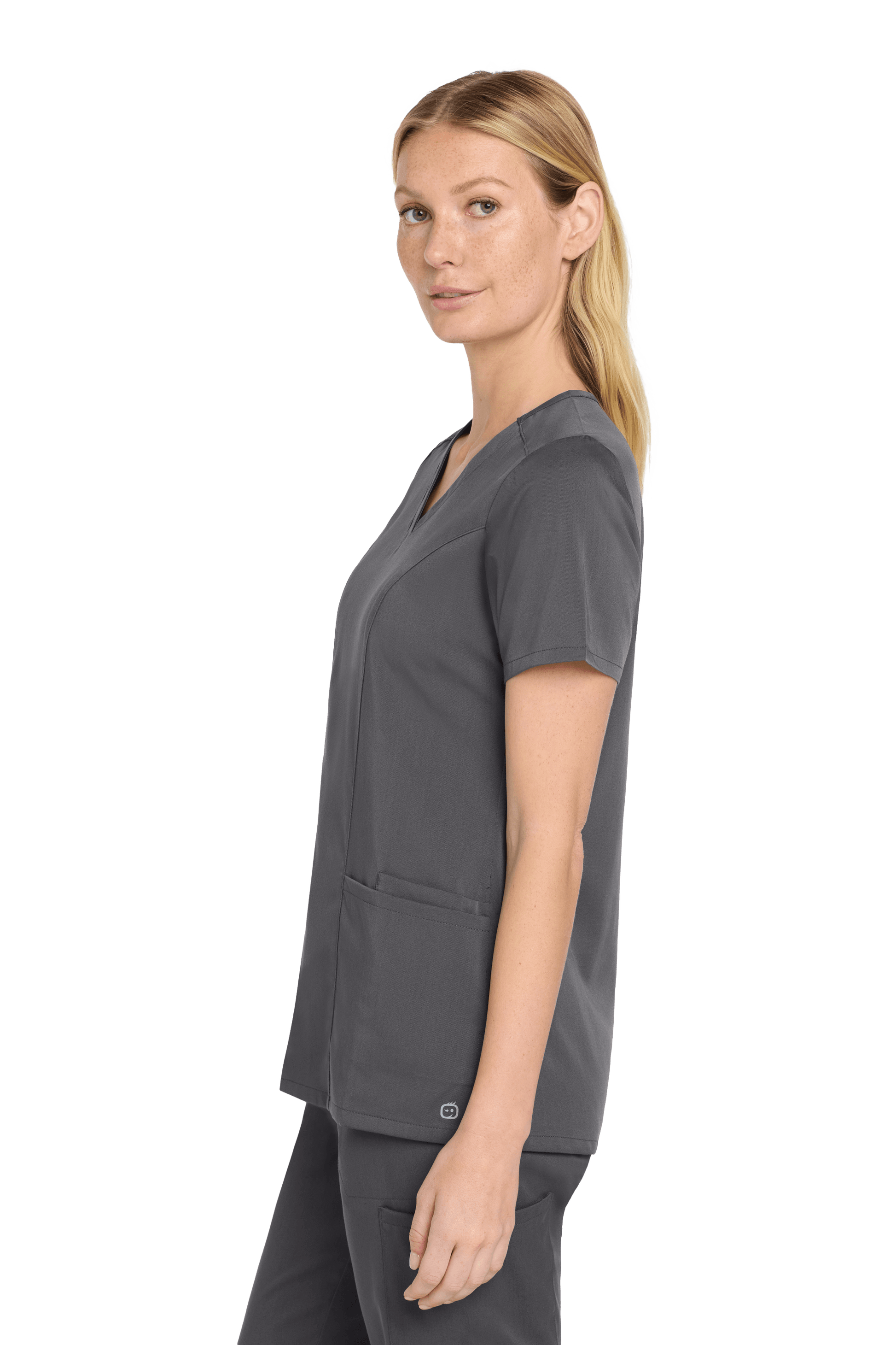 Women’s Wink Premiere Flex V-Neck scrub top in Pewter Grey, shown from the side with a comfortable fit and stylish print design.
