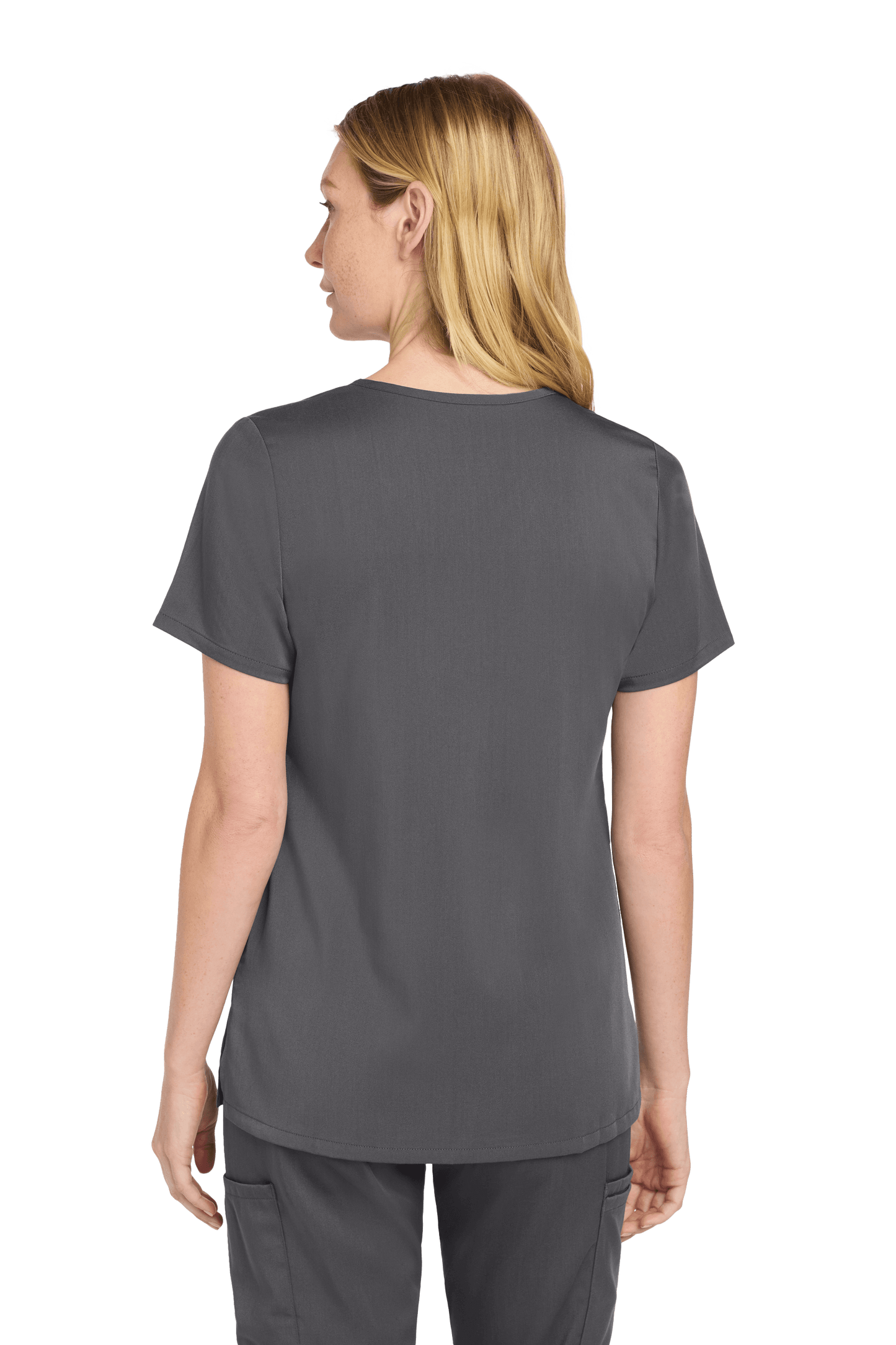Wink Women’s Premiere Flex V-Neck Scrubs in Pewter Grey, front view showing V-neck design and comfortable fit.