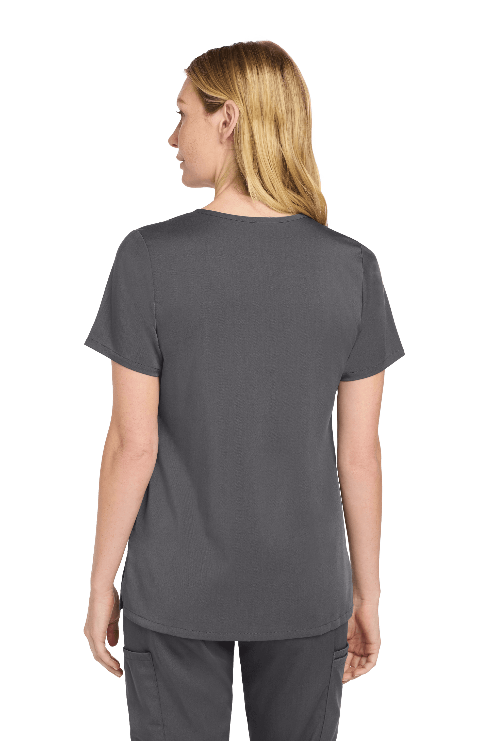 Wink Women’s Premiere Flex V-Neck Scrubs in Pewter Grey, front view showing V-neck design and comfortable fit.