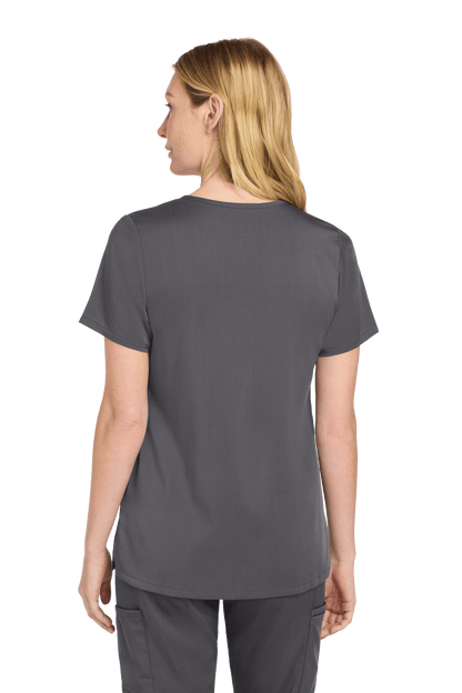 Wink Women’s Premiere Flex V-Neck Scrubs in Pewter Grey, front view showing V-neck design and comfortable fit.