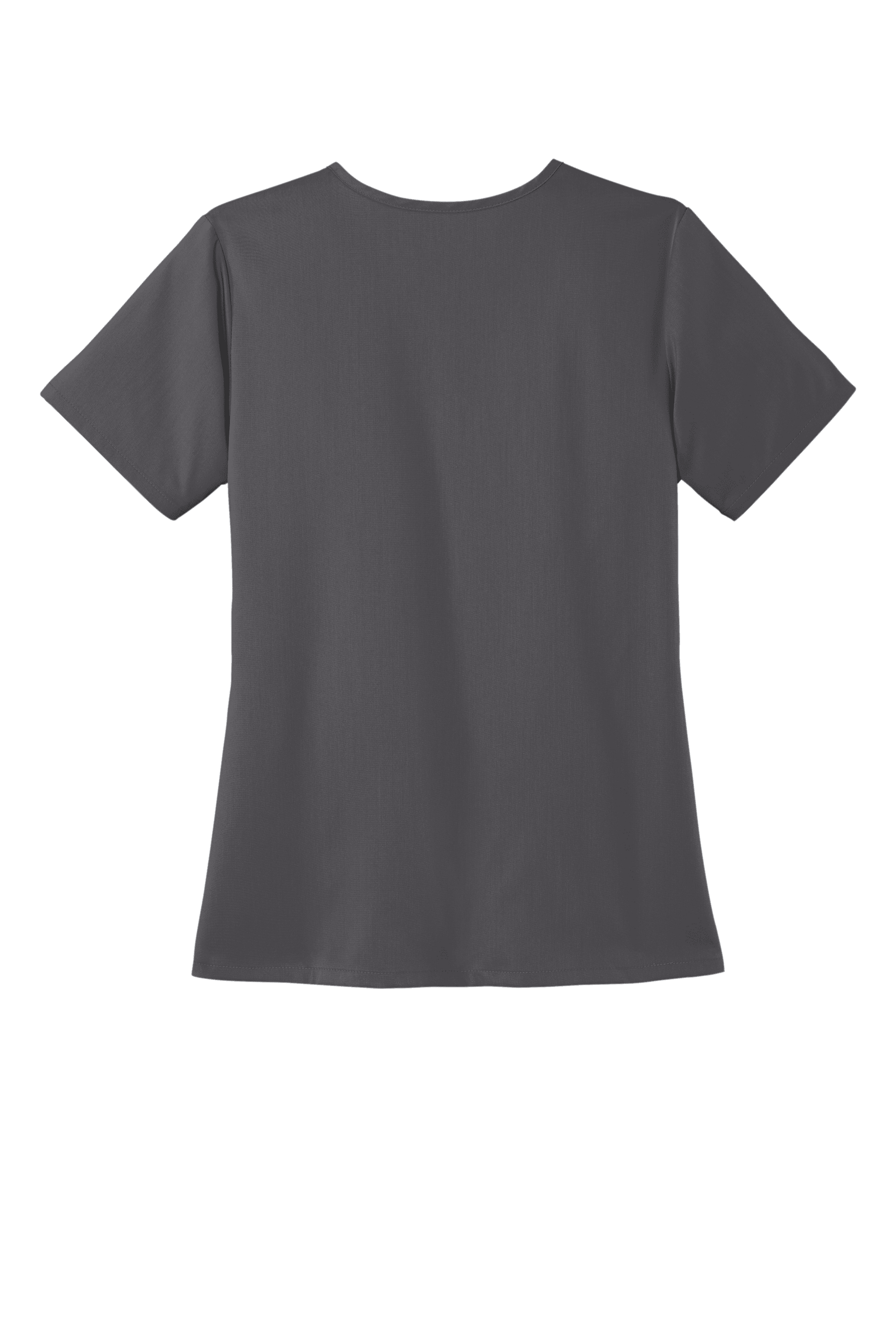 Women’s Wink Premiere Flex V-Neck Scrubs in Pewter Grey with a printed design, shown from the back.
