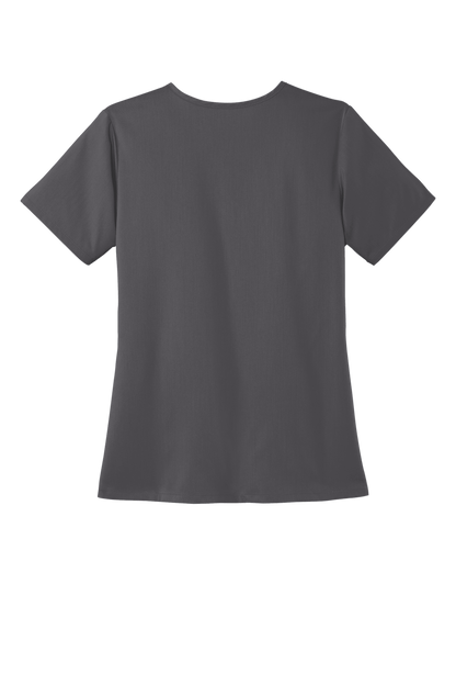 Women’s Wink Premiere Flex V-Neck Scrubs in Pewter Grey with a printed design, shown from the back.
