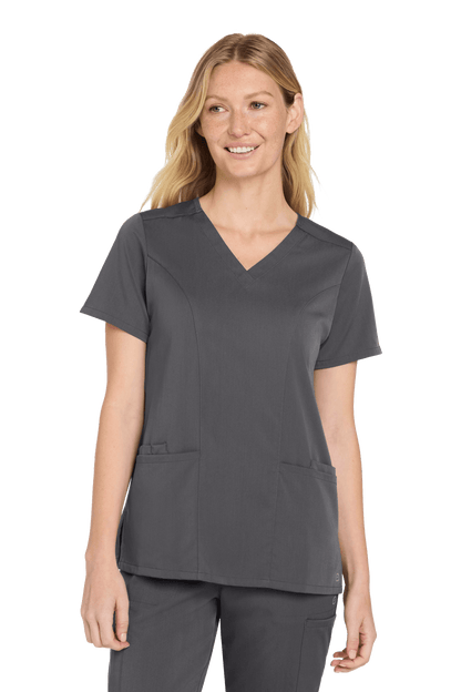 Wink women's Premiere Flex V-neck scrub top in pewter grey, front view showing flexible fabric and V-neck design.