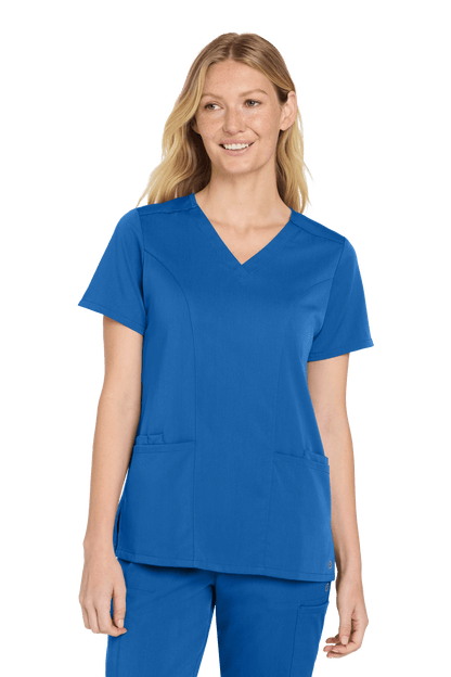 Women’s Wink Premiere Flex V-Neck Scrubs in royal blue, featuring a printed design, front view of the comfortable, professional medical uniform.